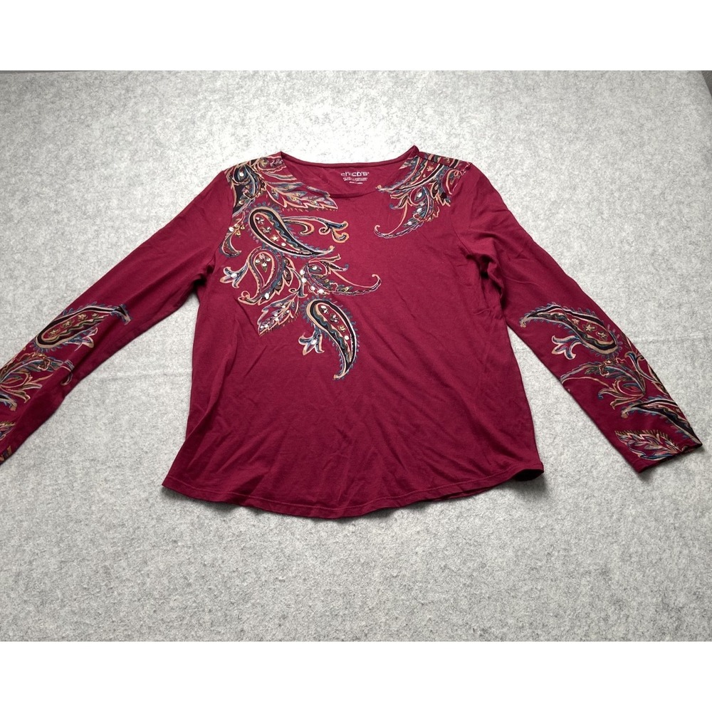 Chico's Shirt Womens Medium Red Paisley Beaded Crew Neck Long Sleeve Jersey Top